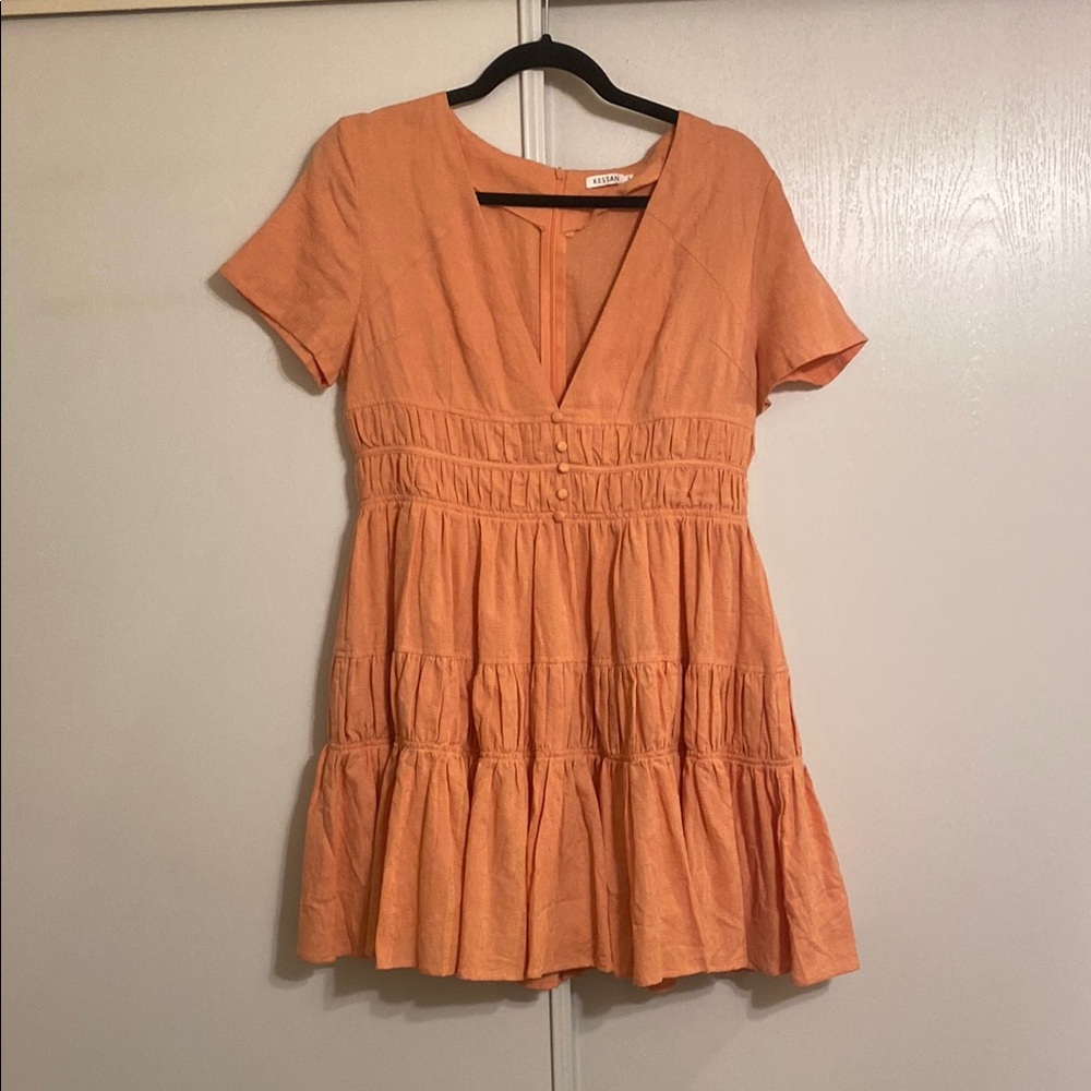 Orange Ruffled Smocked Sundress with V-Neck